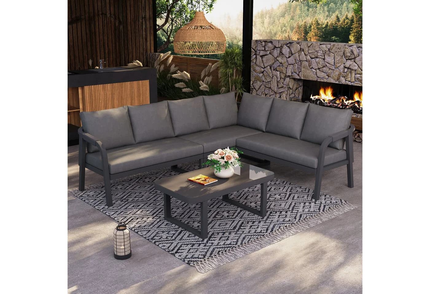 REDOM Gartenlounge-Set Eckstellung Grau mit Seilgeflecht