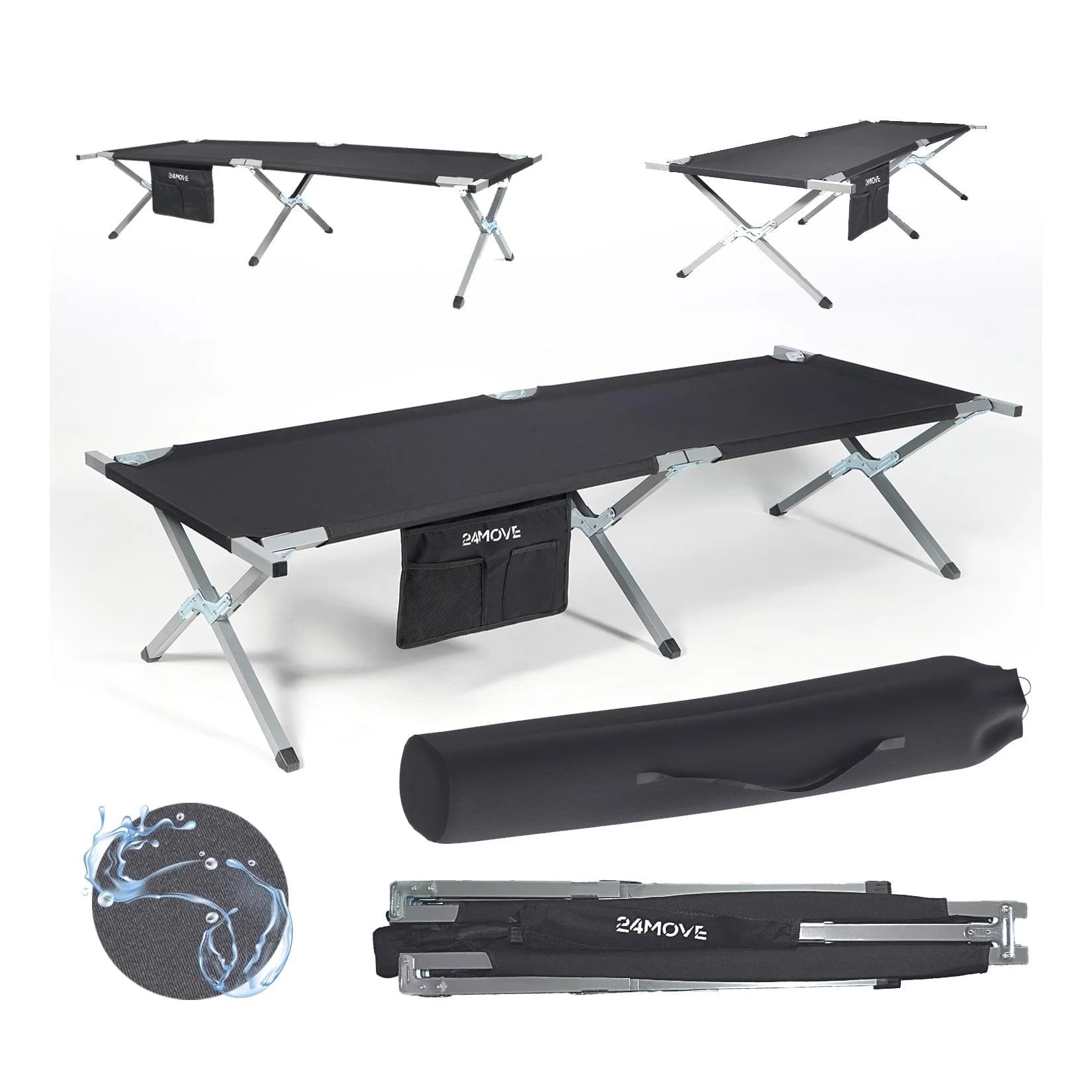 24Move Feldbett Campingbett Schwarz Wasserabweisend Klappbar