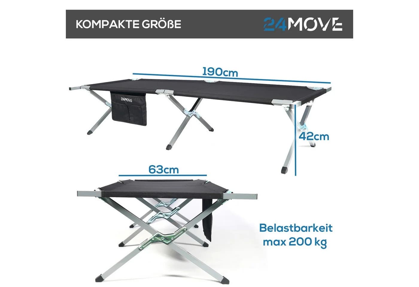 24Move Feldbett Campingbett Schwarz Wasserabweisend Klappbar - Bild 4