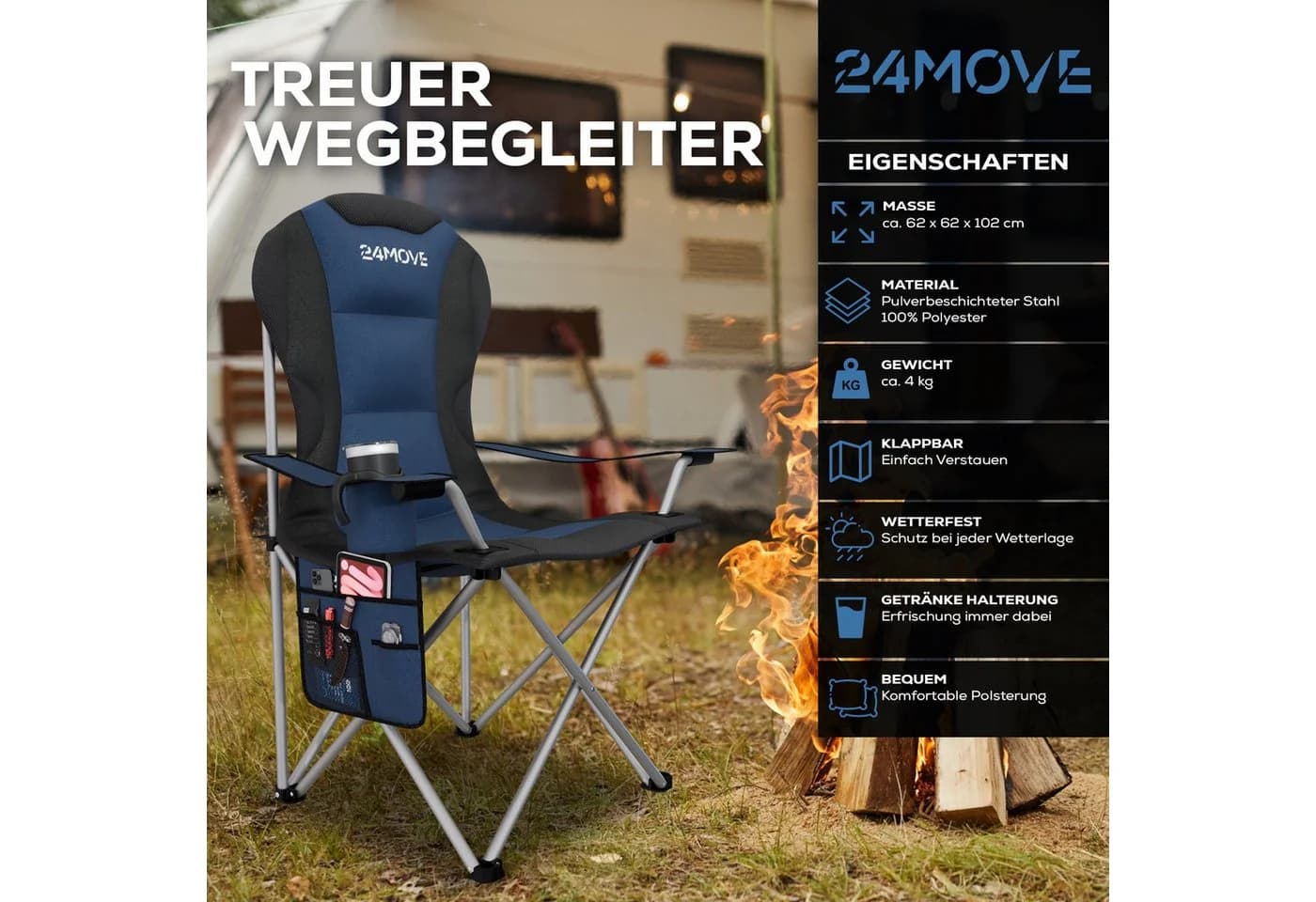 24MOVE® Campingstuhl Salvador Faltbar Gepolstert Blau 150kg Tragetasche - Bild 4