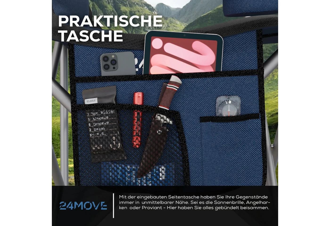 24MOVE® Campingstuhl Salvador Faltbar Gepolstert Blau 150kg Tragetasche - Bild 5