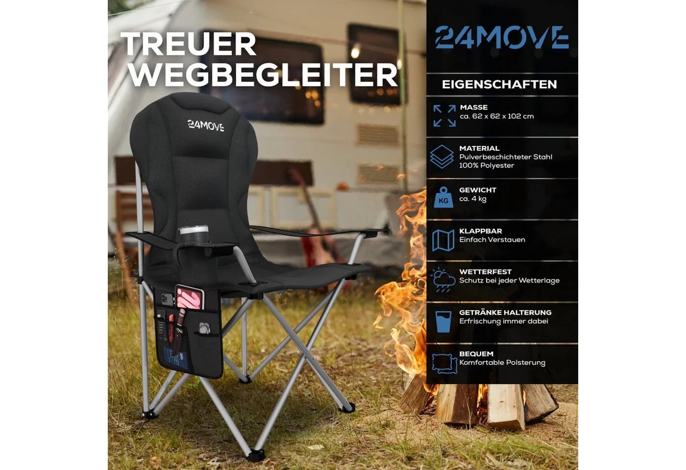 24Move Campingstuhl Salvador Faltbar Gepolstert Schwarz Tragetasche - Bild 5