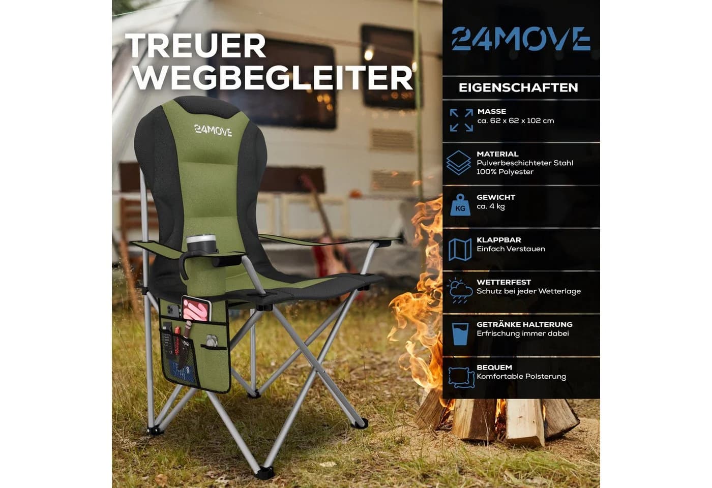 24MOVE® Campingstuhl Salvador Faltbar Gepolstert Grün Tragetasche - Bild 4