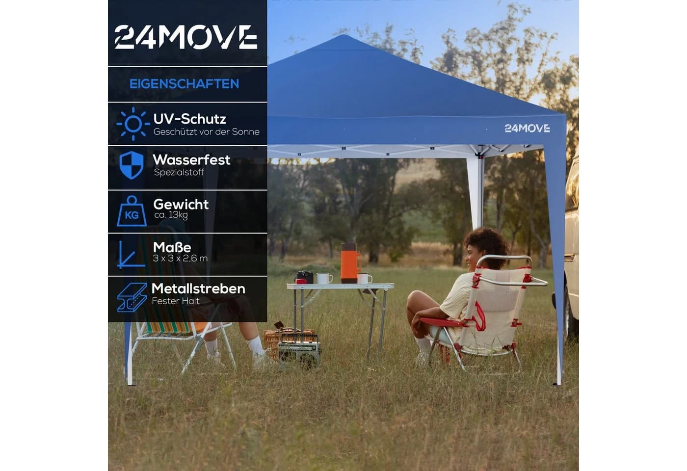 24MOVE® Pavillon Santos 3x3m Pop-Up UV-Schutz 50+ Wasserdicht Winterfest Blau - Bild 4