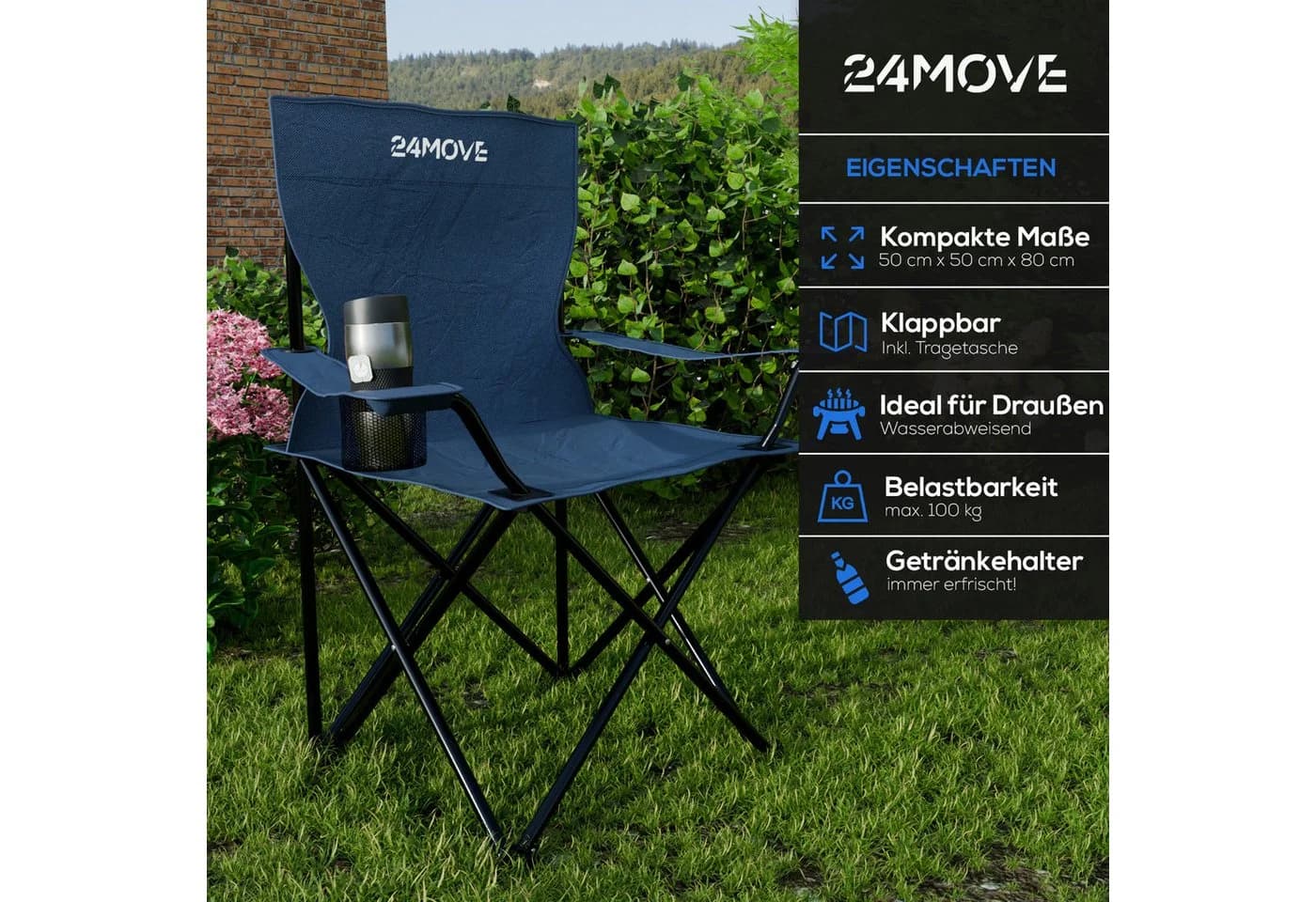24Move Campingstuhl Faltbar mit Getränkehalter Blau - Bild 3