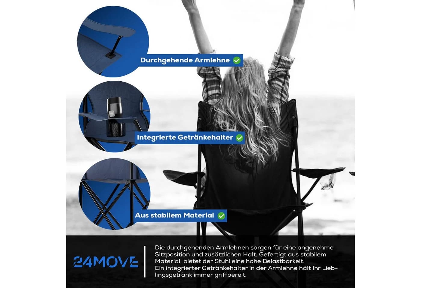 24Move Campingstuhl Faltbar mit Getränkehalter Blau - Bild 5