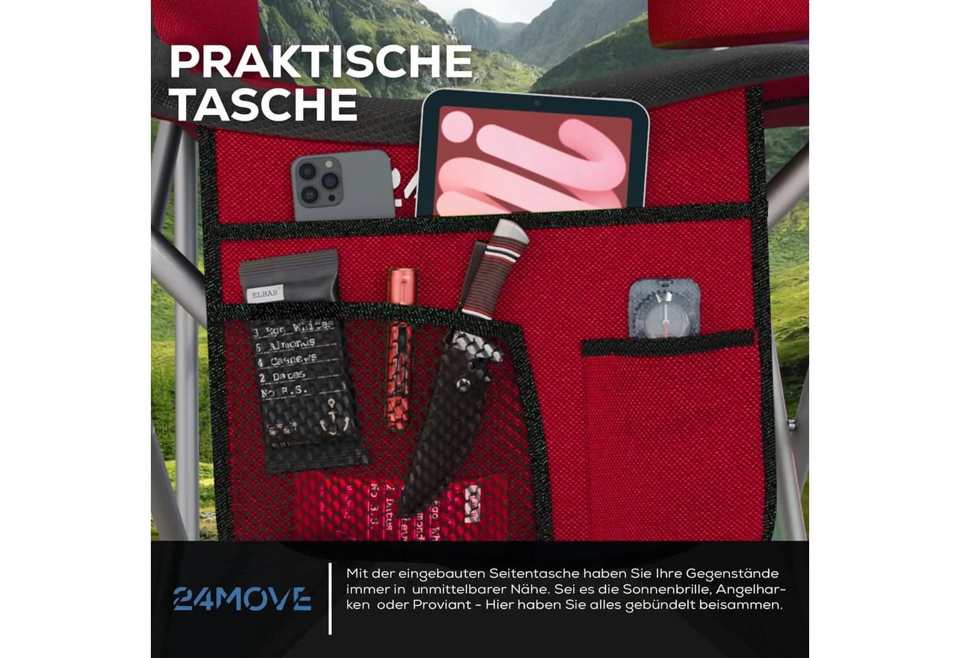 24MOVE Campingstuhl Rot Faltbar Gepolstert Mit Tragetasche - Bild 5