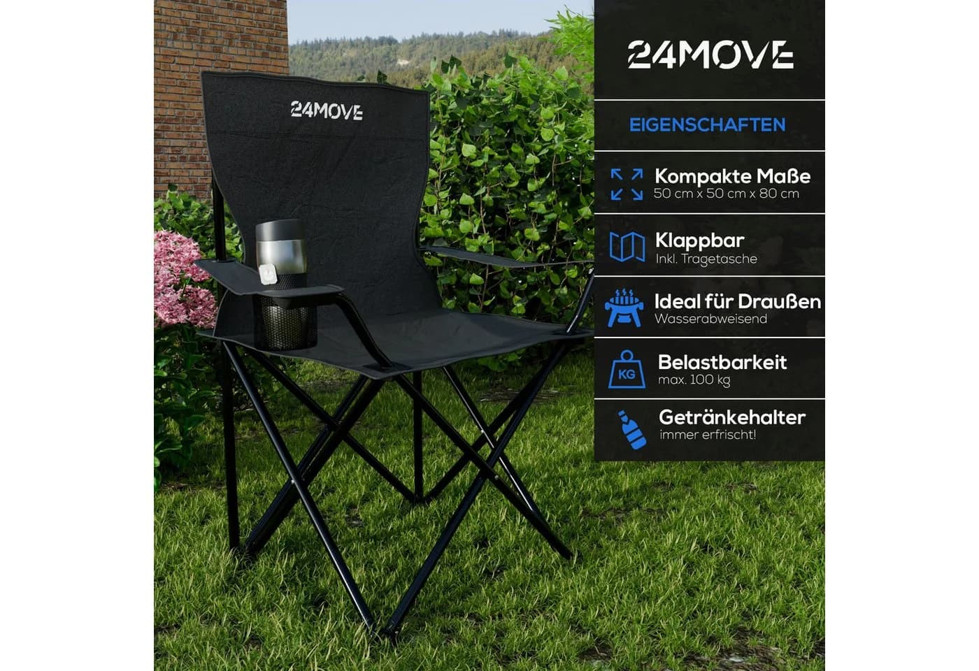 24Move Campingstuhl 2er Set Schwarz Klappstuhl mit Getränkehalter - Bild 4
