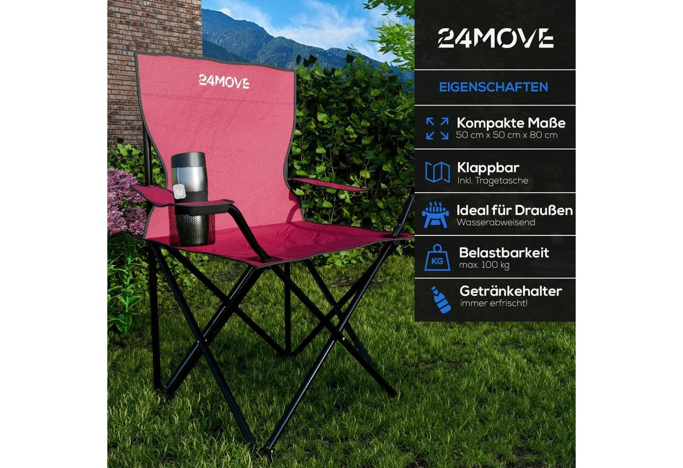 24Move Campingstuhl 2er Set Rot Faltbar mit Tragetasche - Bild 4