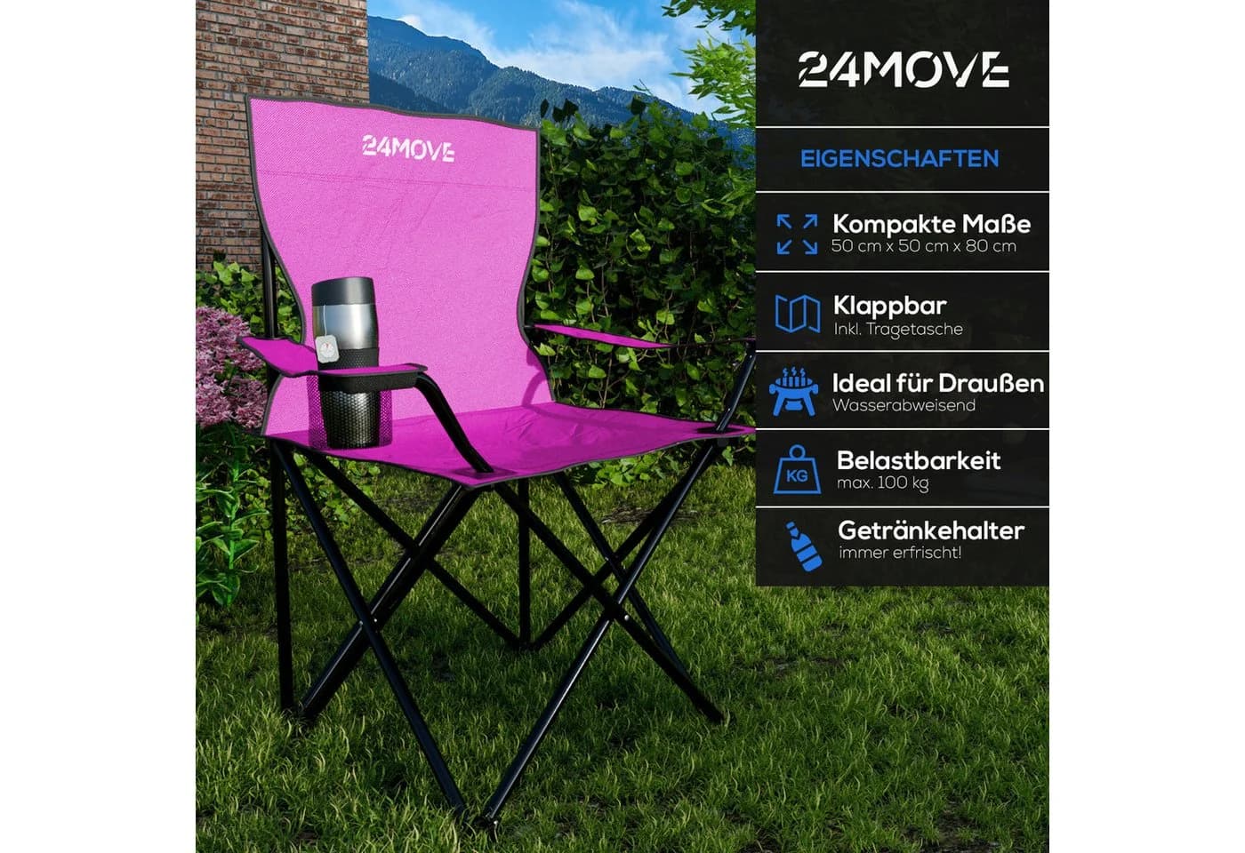 24Move Campingstuhl Faltbar mit Getränkehalter und Tragetasche Rosa - Bild 3