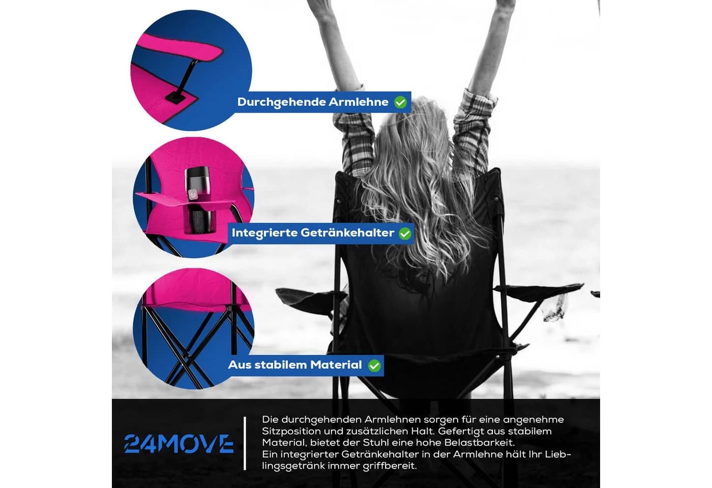 24Move Campingstuhl Faltbar mit Getränkehalter und Tragetasche Rosa - Bild 4