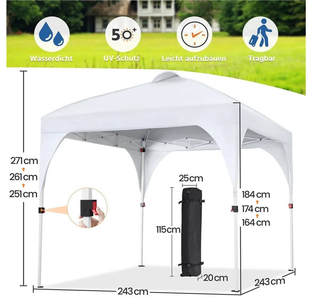 Yaheetech Faltpavillon 2,4x2,4m / 3x3m, mit 0 Seitenteilen, Pop up Pavillon Gartenpavillon mit Tragetasche, höhenverstellbar - Bild 4