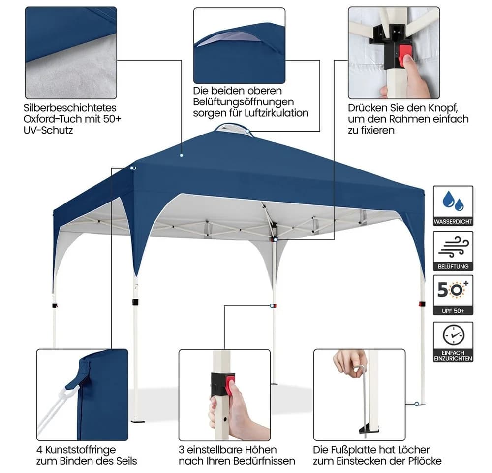 Yaheetech Faltpavillon 3x3m Blau Höhenverstellbar mit Rollen - Bild 5