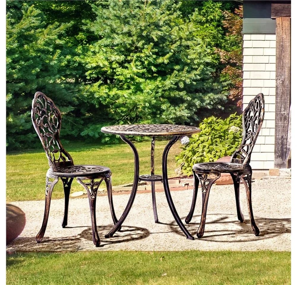 Yaheetech Balkonset 3er Gartenmöbel-Set 2 Stühle & 1 Runder Tisch Bronze