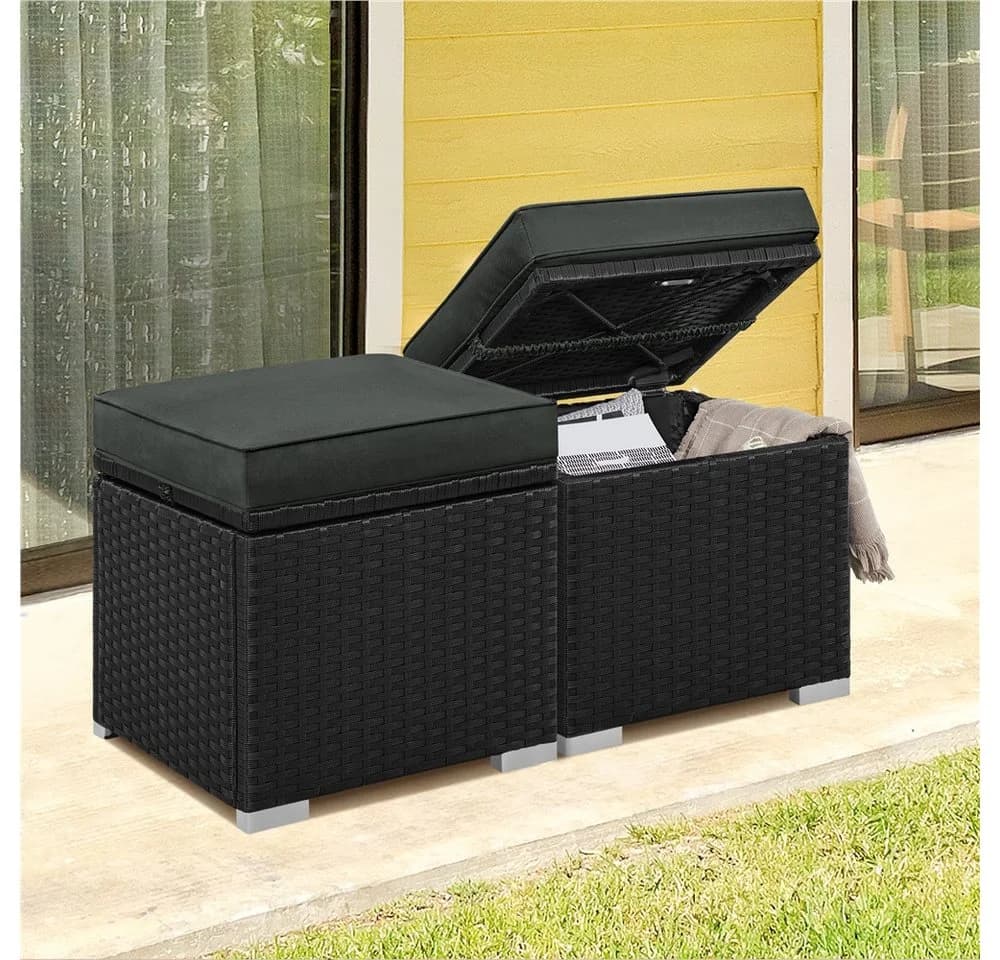 Yaheetech Rattan Hocker 2er Set Schwarz/Grau mit Stauraum - Bild 3