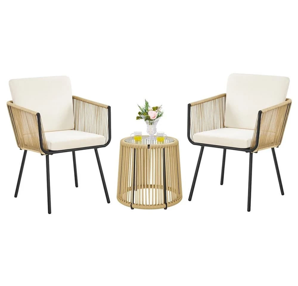 Yaheetech Balkonset 3-teilig Rattan mit 2 Sesseln & Glas-Tisch - Bild 2