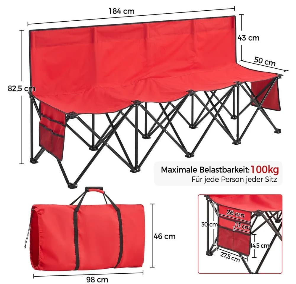 Yaheetech Klappbare Campingbank 4-Sitzer Rot mit Tragtasche - Bild 4