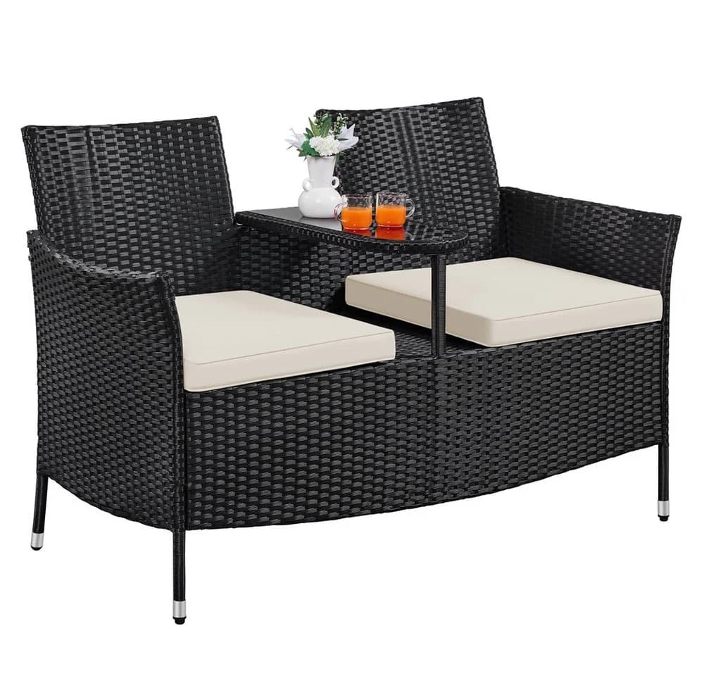Yaheetech Balkonset 2-Sitzer Polyrattan Gartenbank, Gartenstuhl Gartensessel Zweisitzer-Stuhl Doppelsessel Tischfunktion - Bild 2