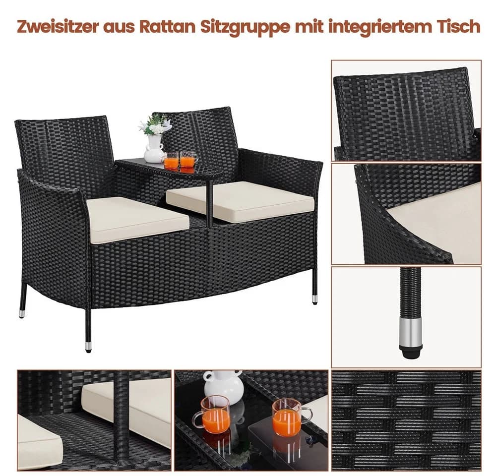Yaheetech Balkonset 2-Sitzer Polyrattan Gartenbank, Gartenstuhl Gartensessel Zweisitzer-Stuhl Doppelsessel Tischfunktion - Bild 5
