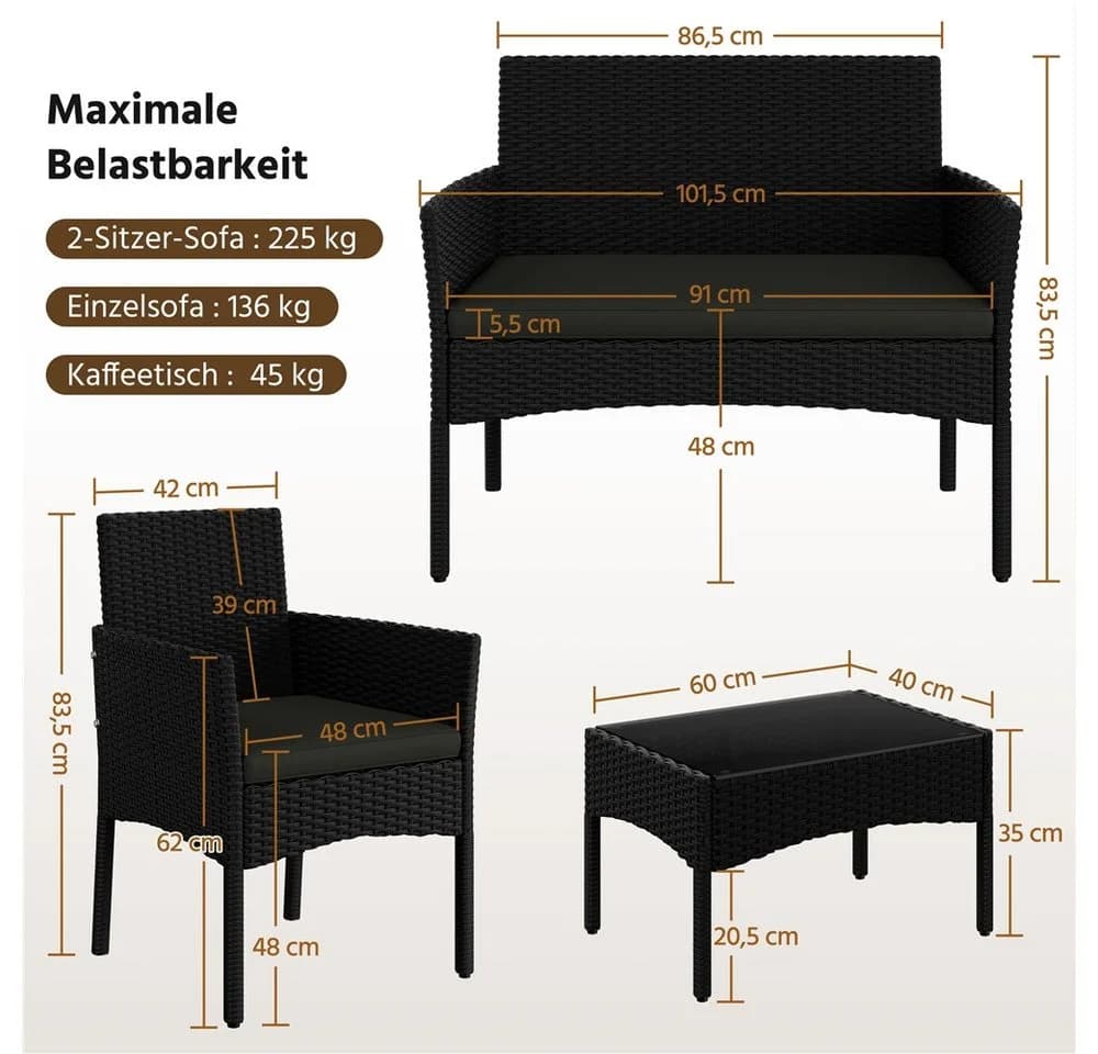 Yaheetech Balkonset Gartenmöbel-Set 4-er Rattanmöbel Gartenlounge-Set für 4 Personen - Bild 4