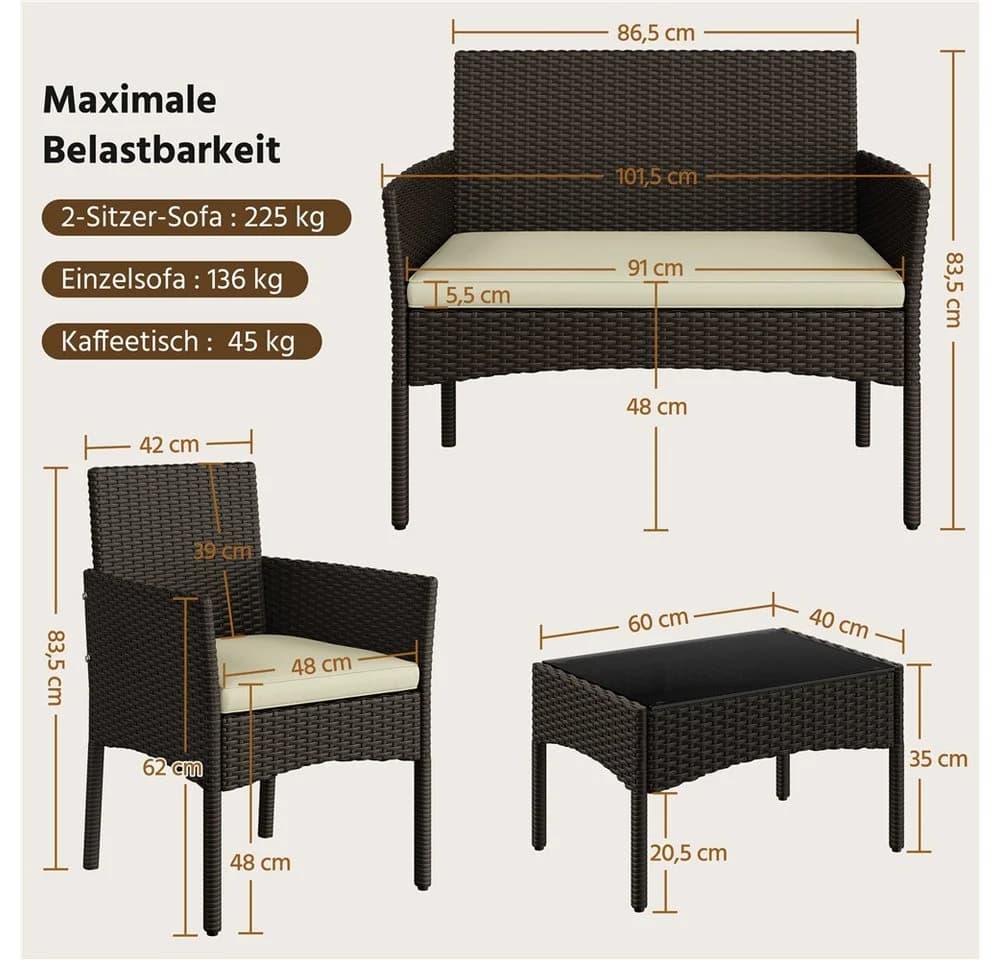 Yaheetech Balkonset Gartenmöbel-Set 4-er Rattanmöbel Gartenlounge-Set für 4 Personen - Bild 4