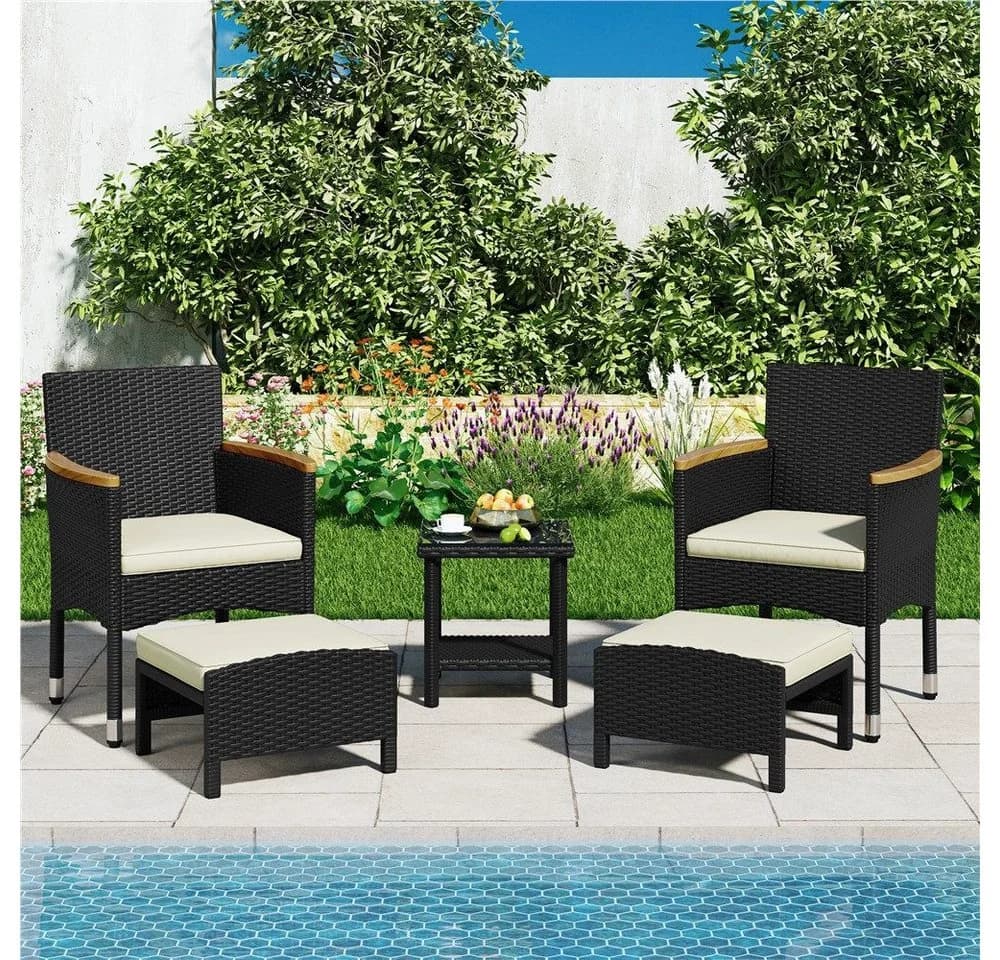 Yaheetech Gartenlounge-Set Rattan-Optik 2 Sessel 2 Fußhocker 1 Kaffeetisch
