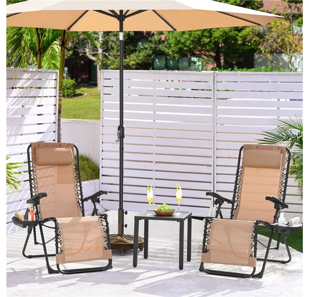 Yaheetech Zero-Gravity-Klappstuhl 2er-Set Beige mit Kopfkissen & Becherhalter