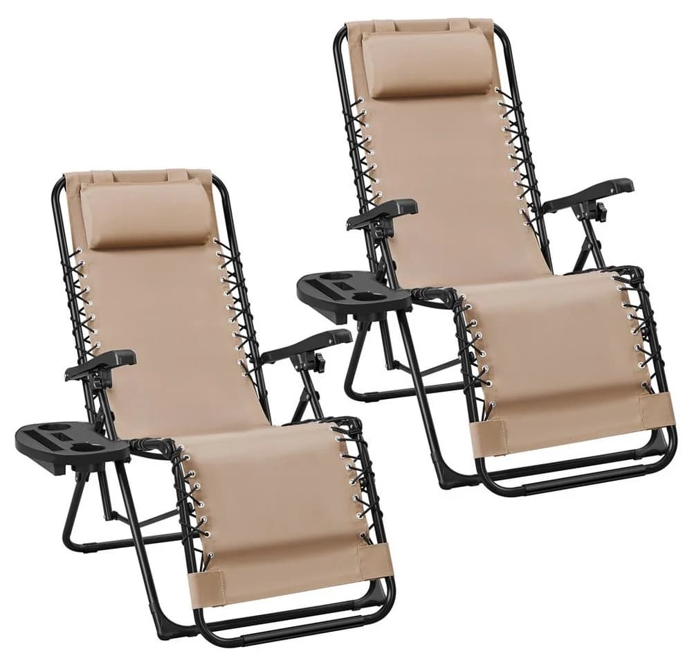 Yaheetech Zero-Gravity-Klappstuhl 2er-Set Beige mit Kopfkissen & Becherhalter - Bild 2