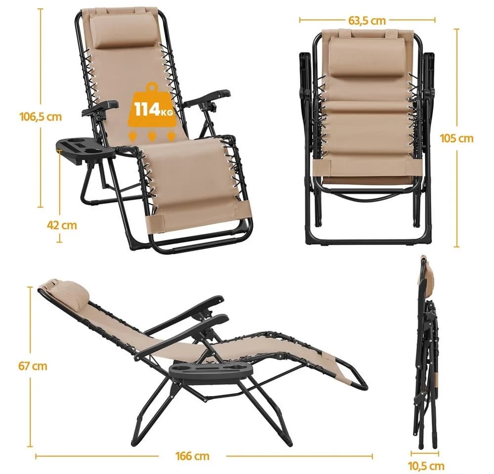 Yaheetech Zero-Gravity-Klappstuhl 2er-Set Beige mit Kopfkissen & Becherhalter - Bild 4