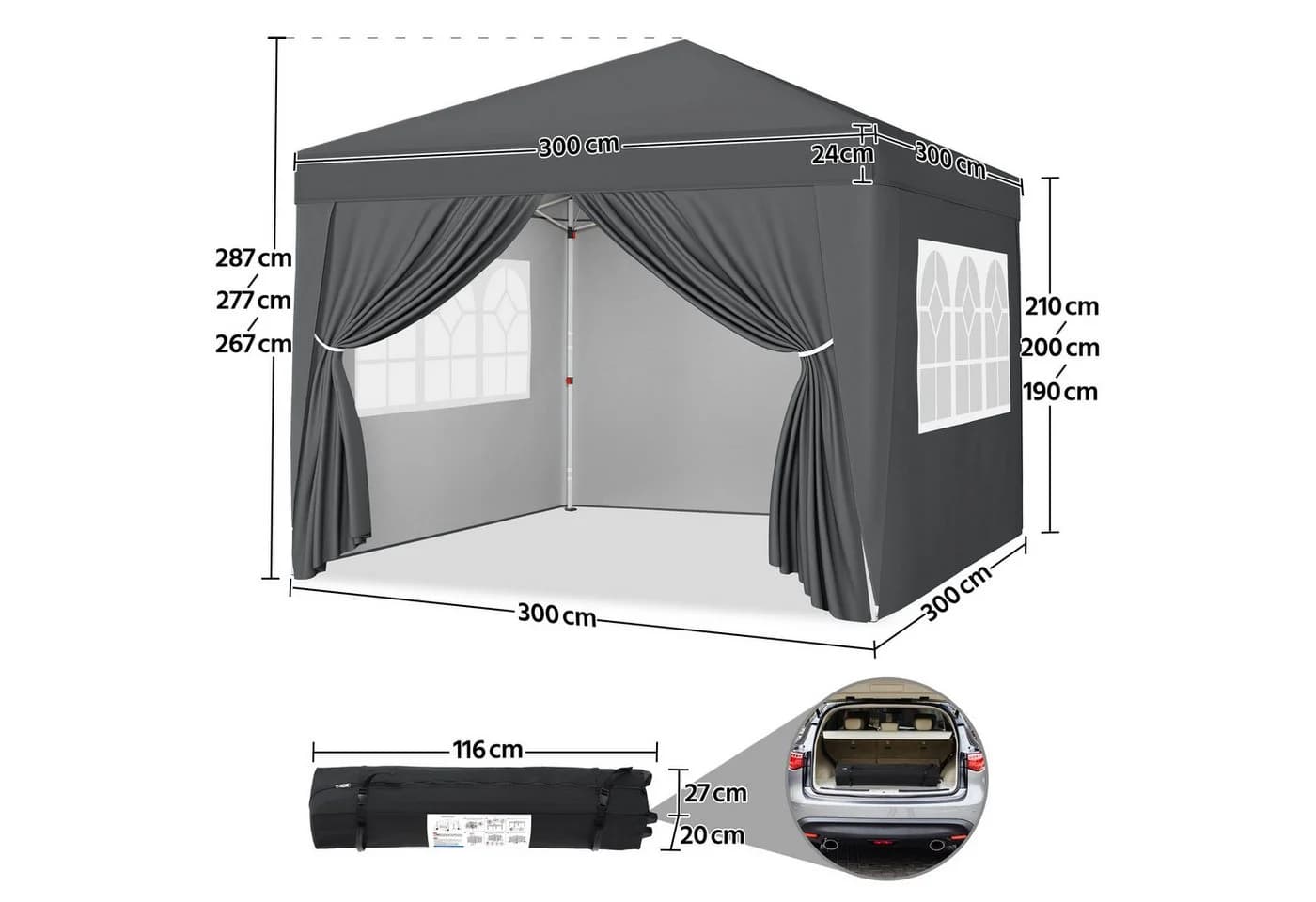 Yaheetech Faltpavillon 3x3 m mit 4 Seitenteilen Gartenpavillon Campingzelt Sonnenschutz mit Fenster UV Schutz 50+ - Bild 4