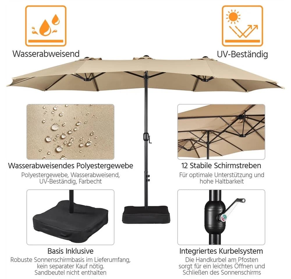 Yaheetech Sonnenschirm mit Kurbel und Basis, 385x240 cm, Braun - Bild 5