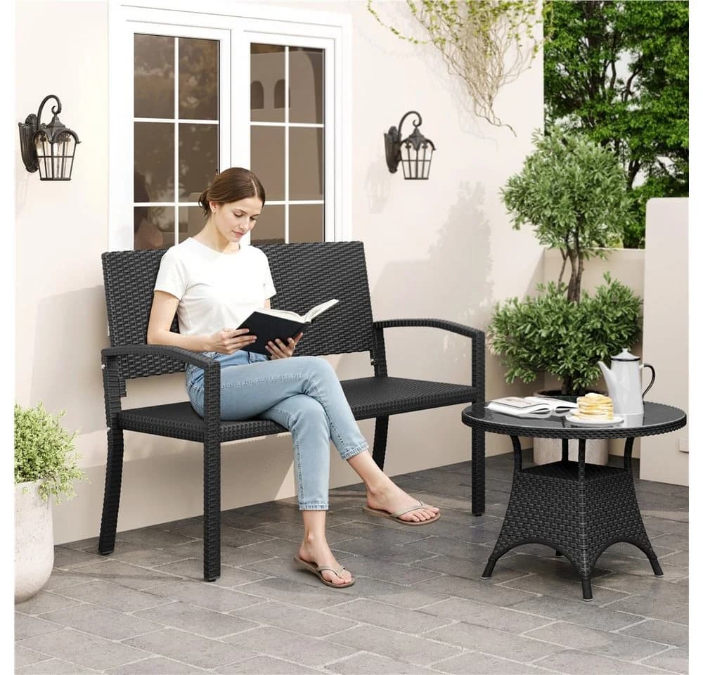 Yaheetech Gartenbank PE-Rattan Schwarz mit Armlehnen