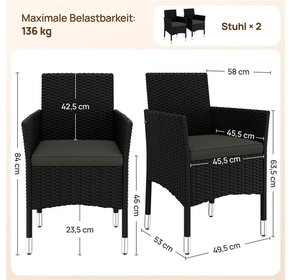 Yaheetech Gartenstuhl 2er-Set PE-Rattan Schwarz Grau - Bild 4
