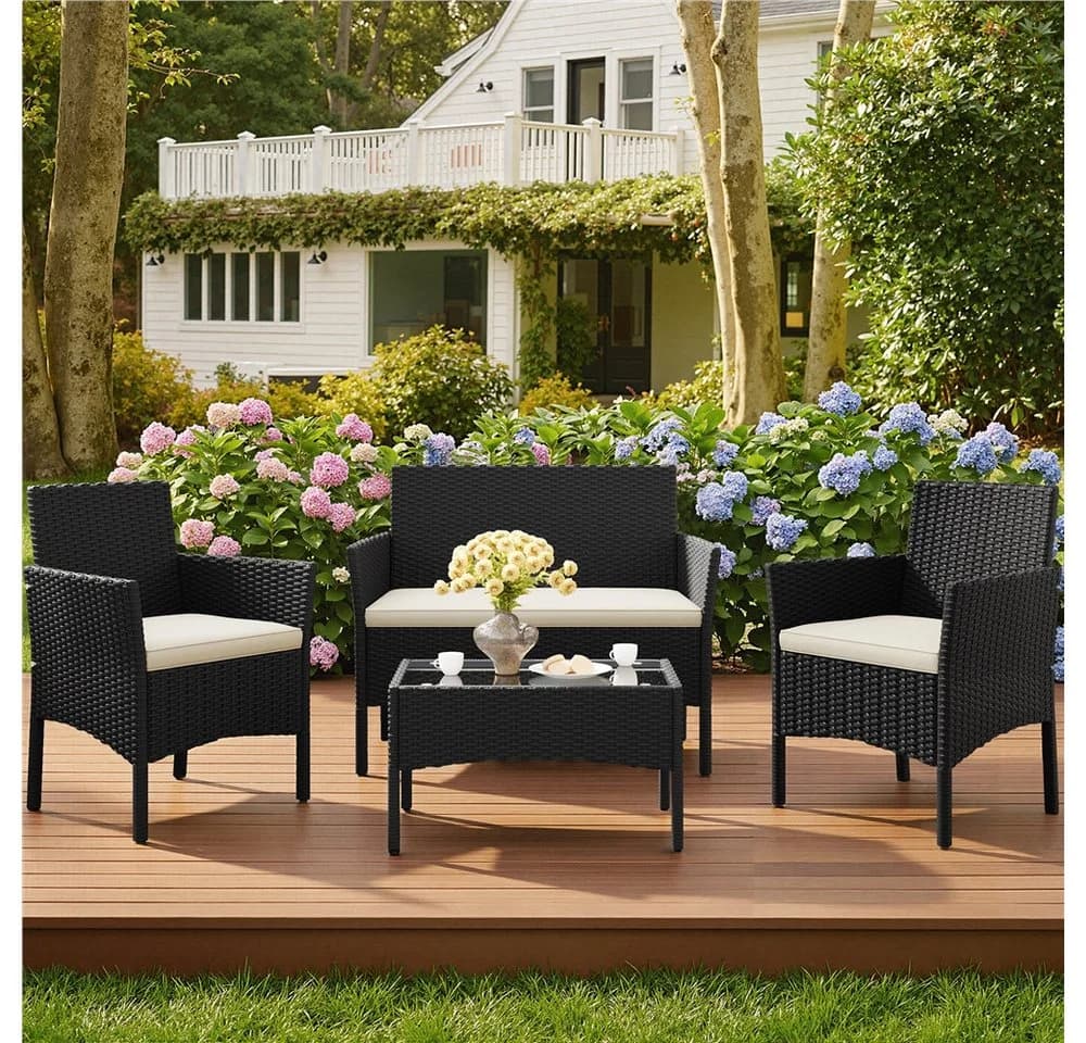Yaheetech 4-teiliges Rattan-Gartenmöbel-Set mit Sofa, Sesseln & Glastisch