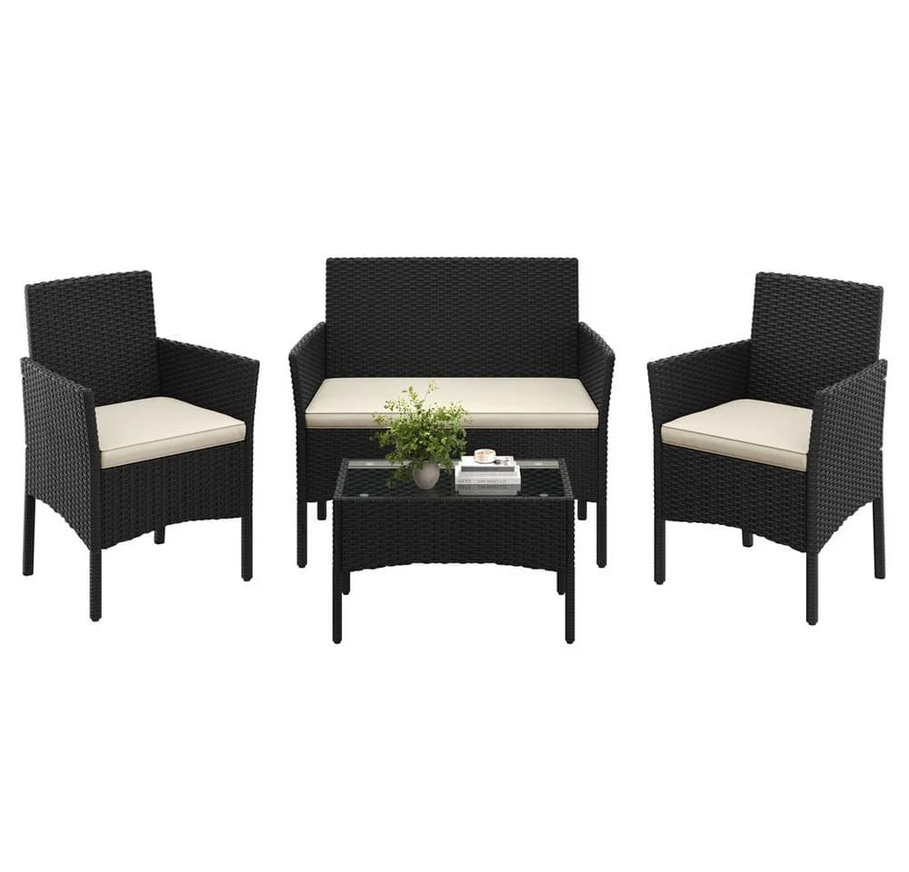 Yaheetech 4-teiliges Rattan-Gartenmöbel-Set mit Sofa, Sesseln & Glastisch - Bild 2