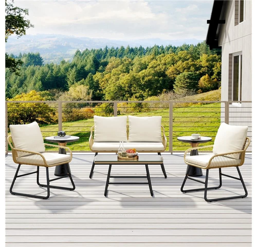 Yaheetech Gartenlounge-Set 4-tlg. Hellbraun/Cremeweiß PE-Rattan mit Kissen