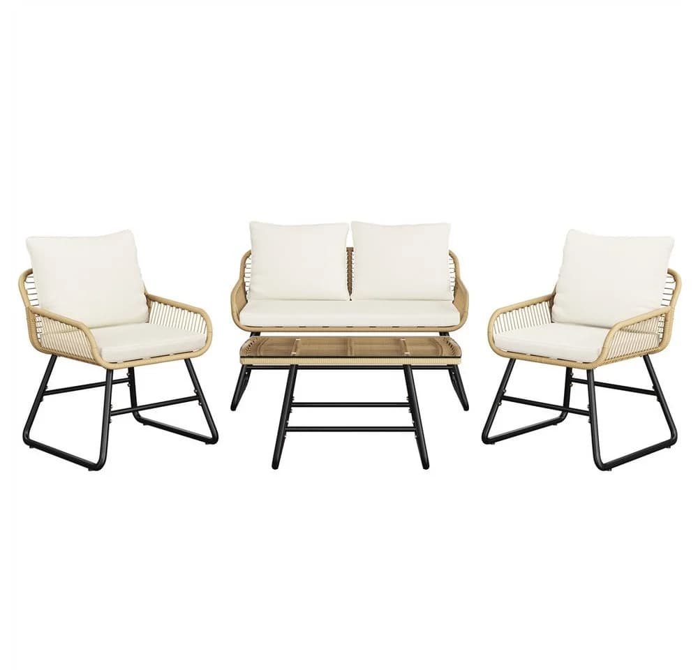 Yaheetech Gartenlounge-Set 4-tlg. Hellbraun/Cremeweiß PE-Rattan mit Kissen - Bild 2