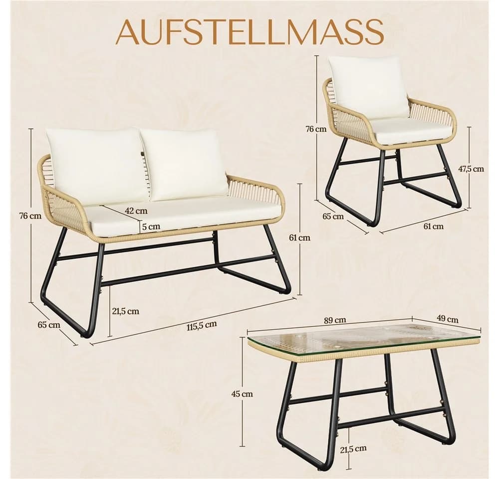 Yaheetech Gartenlounge-Set 4-tlg. Hellbraun/Cremeweiß PE-Rattan mit Kissen - Bild 4