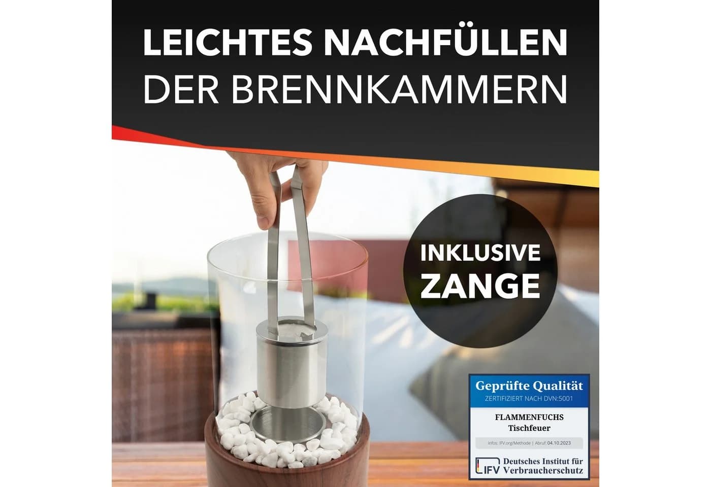 Flammenfuchs Tischfeuer Bio-Ethanol Holzoptik Braun mit Ersatzbrenner