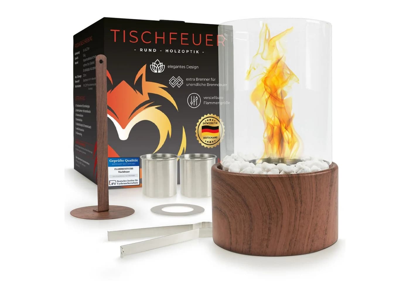 Flammenfuchs Tischfeuer Bio-Ethanol Holzoptik Braun mit Ersatzbrenner - Bild 2