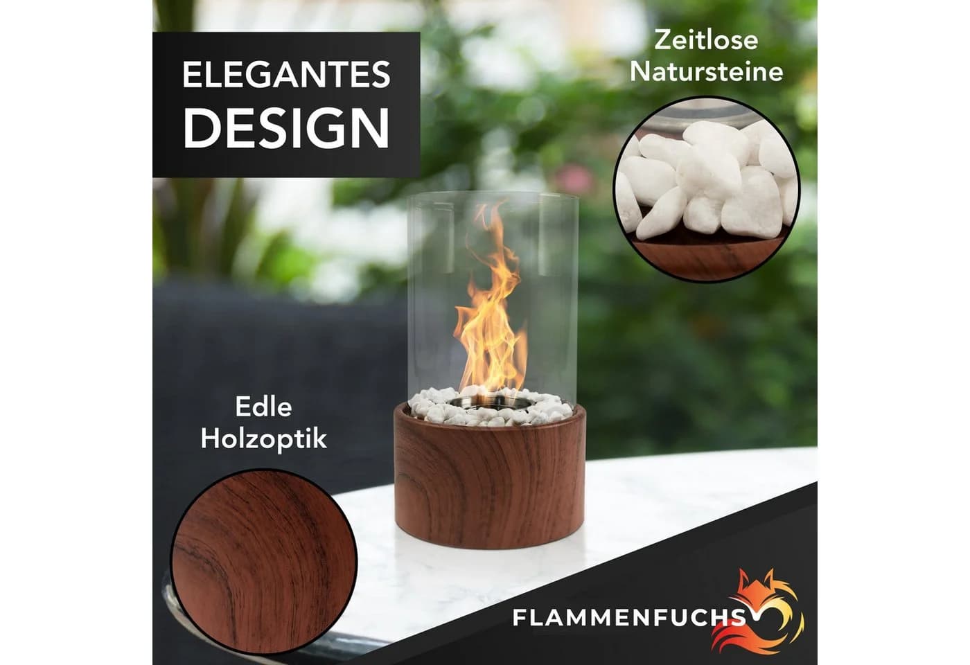 Flammenfuchs Tischfeuer Bio-Ethanol Holzoptik Braun mit Ersatzbrenner - Bild 3