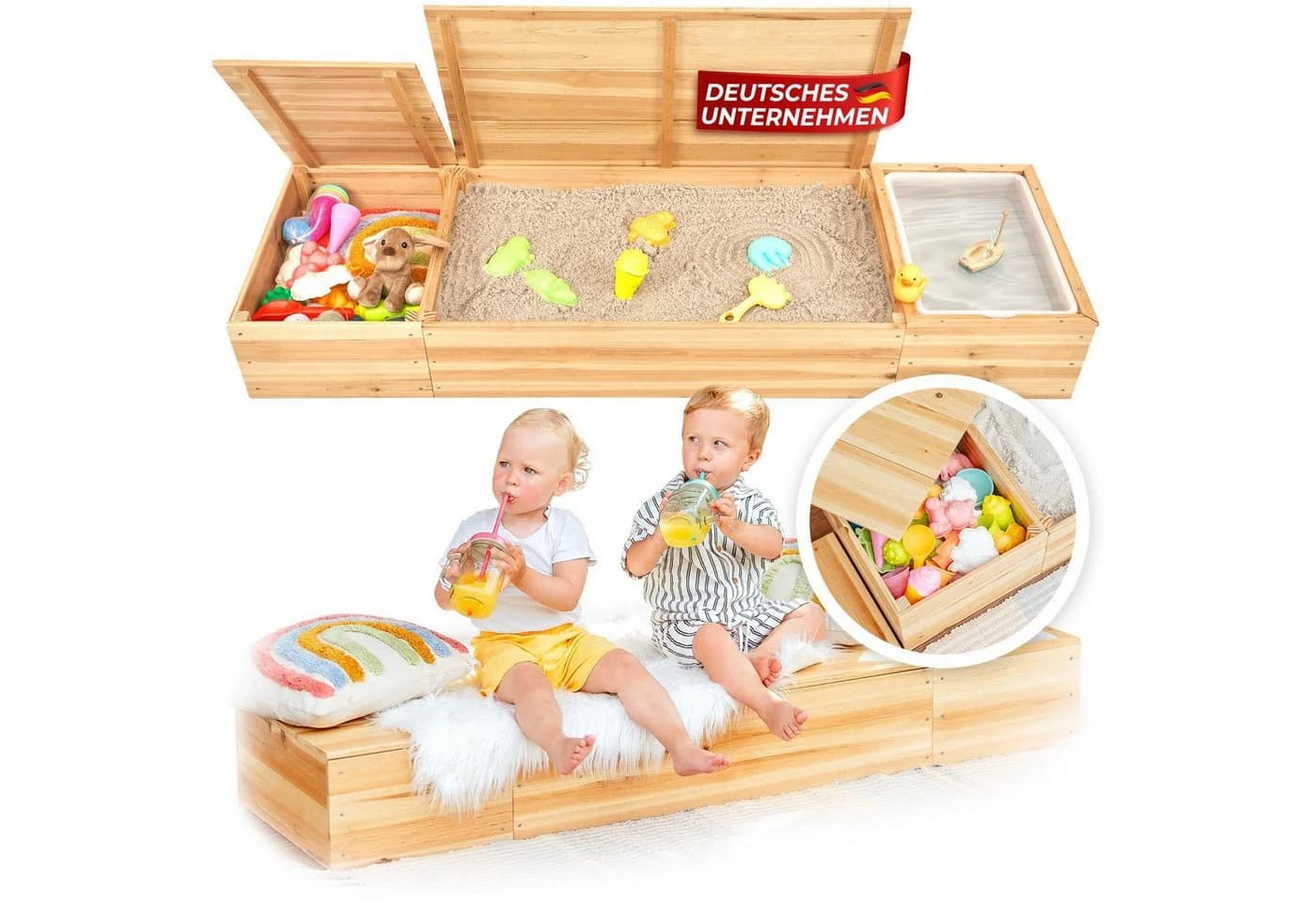 SCHRIMA Sandkasten 4 in 1 aus Massivholz mit Abdeckung & Wasserwanne - Bild 2