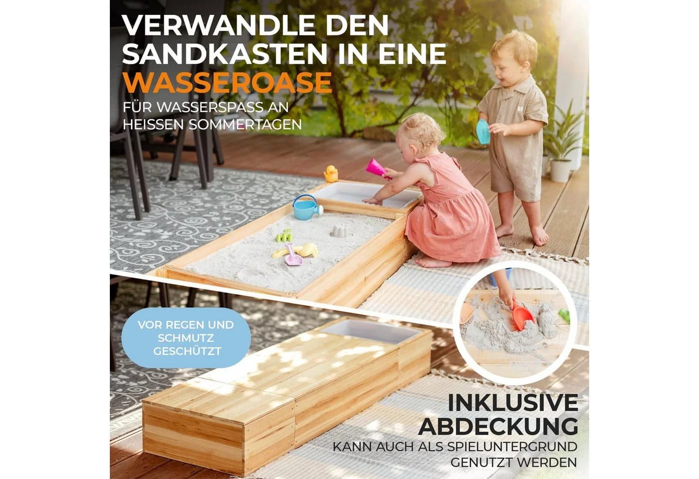 SCHRIMA Sandkasten 4 in 1 aus Massivholz mit Abdeckung & Wasserwanne - Bild 3