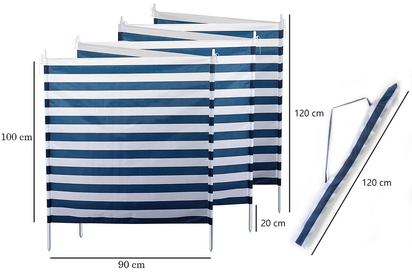 ELLUG Windschutz blau-weiß gestreift mit 7 Stahlstangen