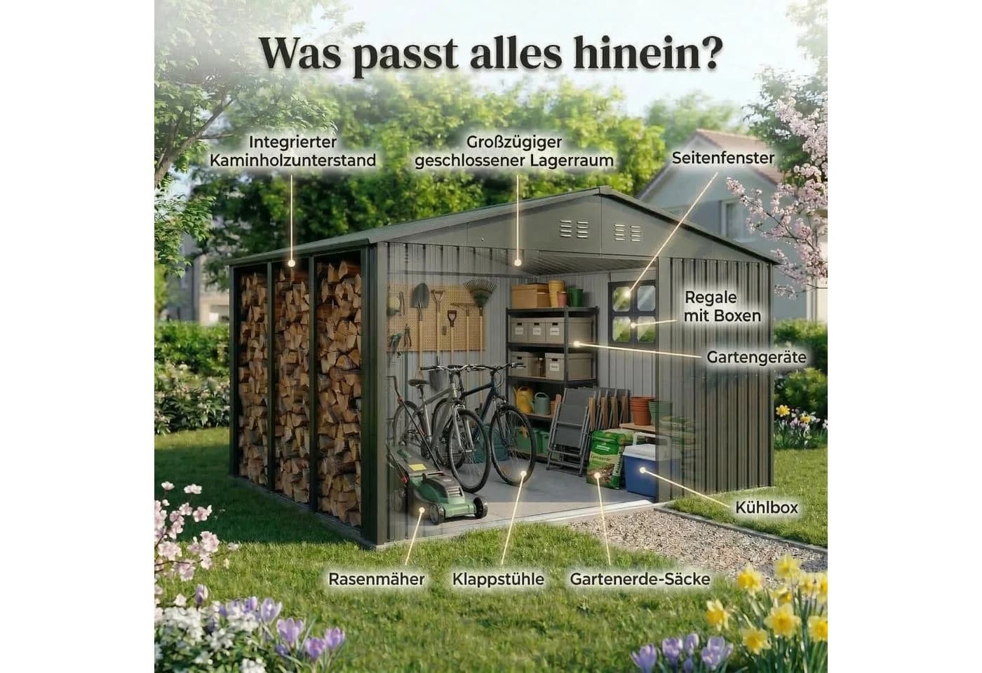 Albatros Gerätehaus 4XL Anthrazit abschließbar mit Holzunterstand