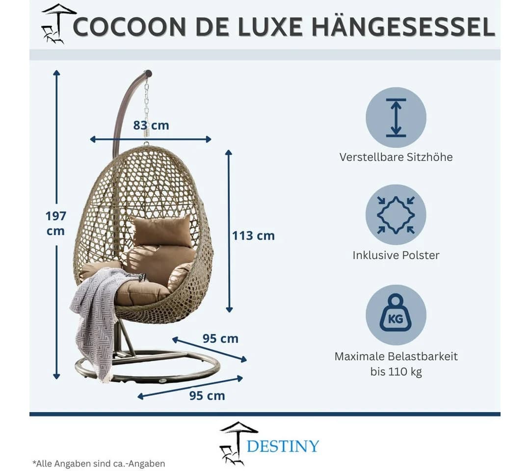 Hängestuhl DESTINY COCOON DE LUXE Beige Grau mit Gestell - Bild 5