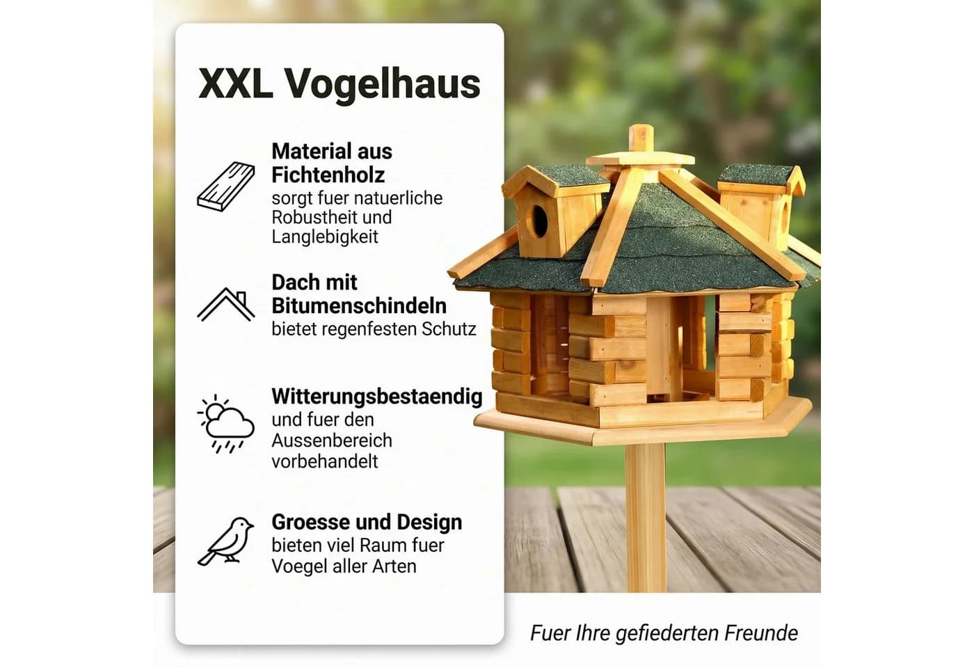 Mucola Vogelhaus Holz mit Futterspender und aufklappbarem Dach