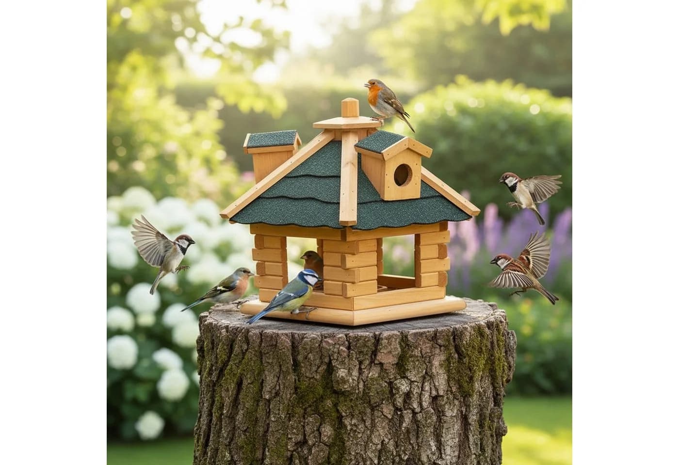 Mucola Vogelhaus Holz mit Futterspender und aufklappbarem Dach - Bild 4
