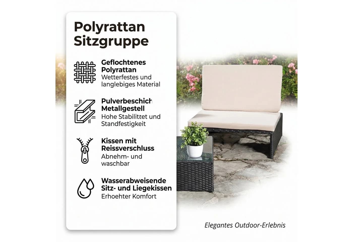 Mucola Balkonset 3-teilig Schwarz Polyrattan mit Kissen