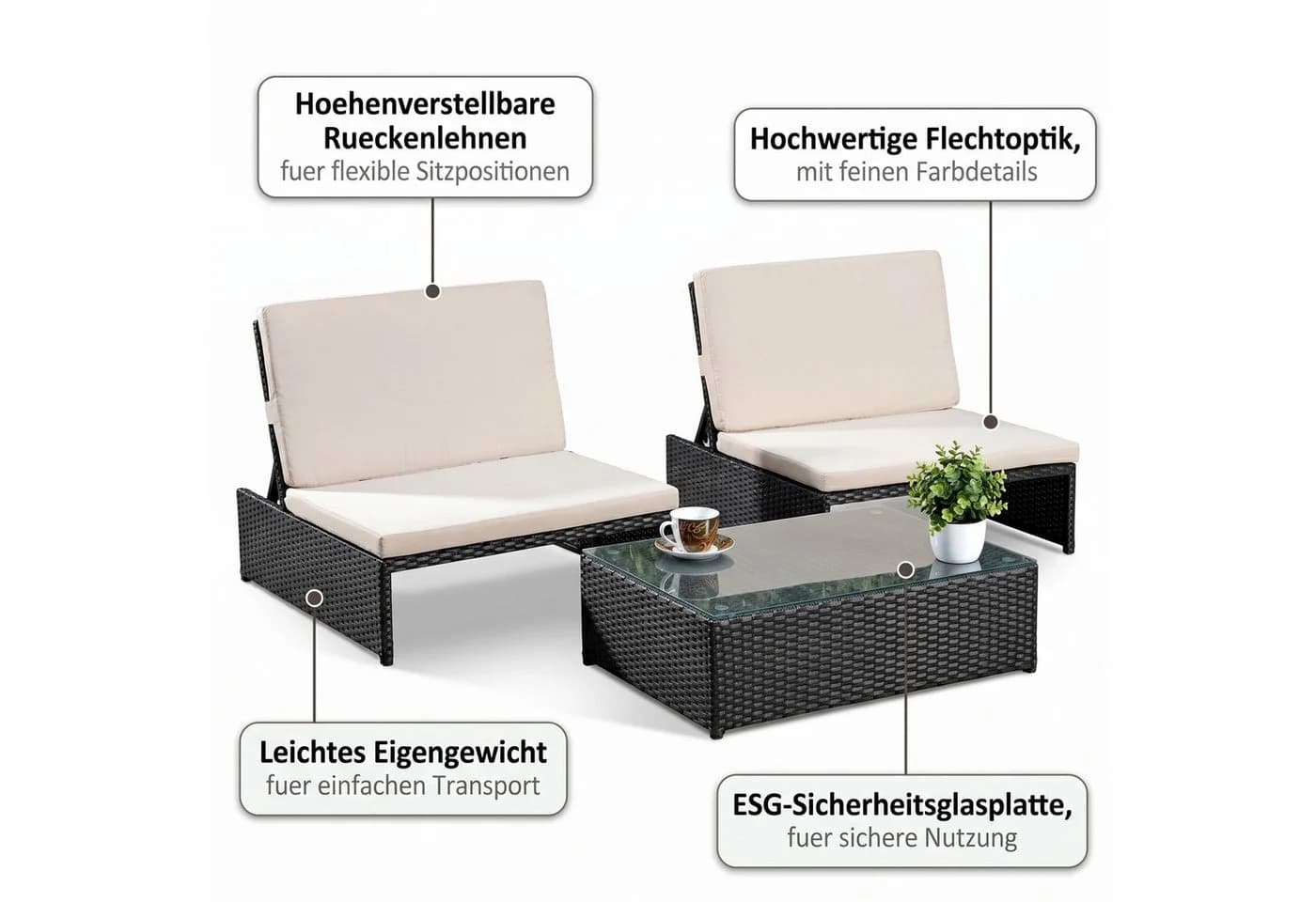 Mucola Balkonset 3-teilig Schwarz Polyrattan mit Kissen - Bild 5